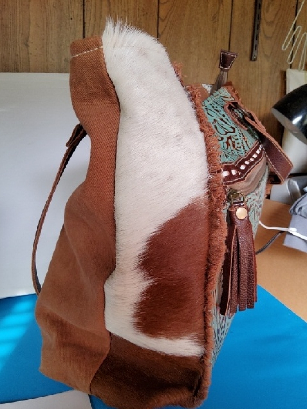 Myra Bag Tooled Turquoise Leather,cowhide accents tote. - Picture 3 of 9